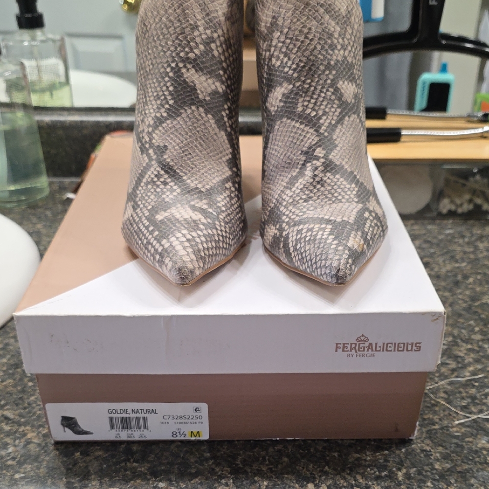 Fergalicious Natural Snake-Print Pointed Toe Ankle Boots